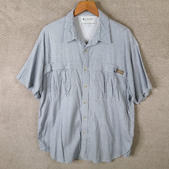 Columbia Shirt Mens XL Blue Check Button Down Short Sleeve Cotton Vented Outdoor - Picture 1 of 9